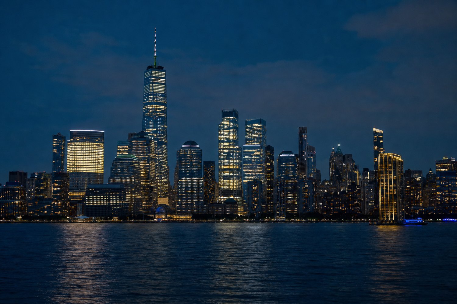 Manhattan skyline at blue hour over the East River